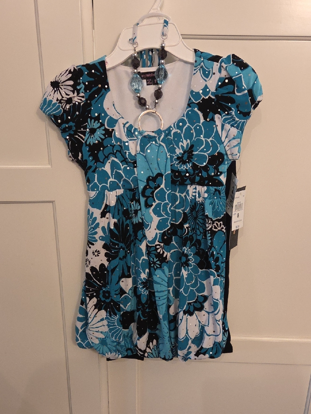 My Michelle Floral Blue & Black Girls 8 Short Sleeve Top With Black Leggings NWT